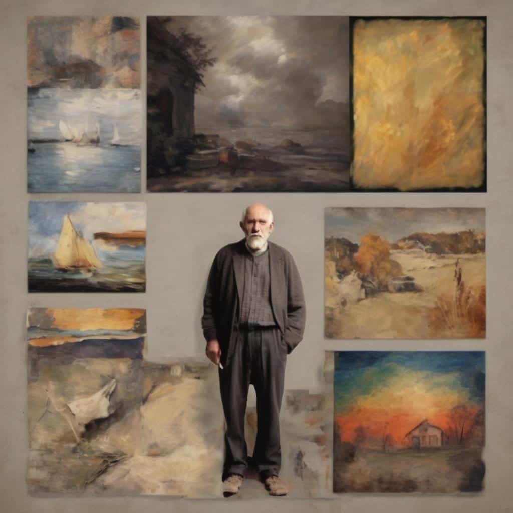 Ο καλλιτέχνης μπροστά από πίνακες τοπίων με θέμα τα όνειρα και την πραγματικότητα.