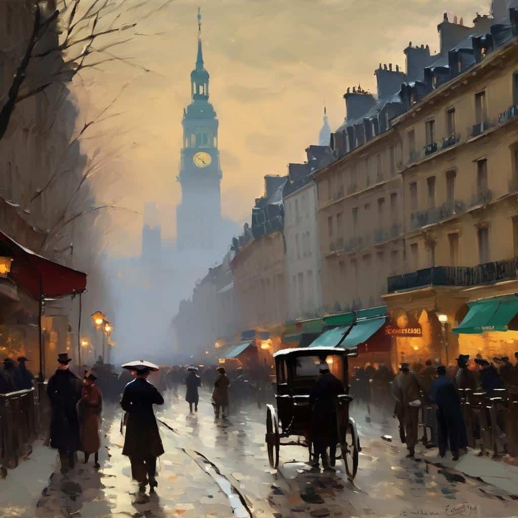 Ουράνοια και ζωή στο Παρίσι, νυχτερινή ατμόσφαιρα, ιστορική αρχιτεκτονική, ηρεμία στις καφέ και περαστικοί.