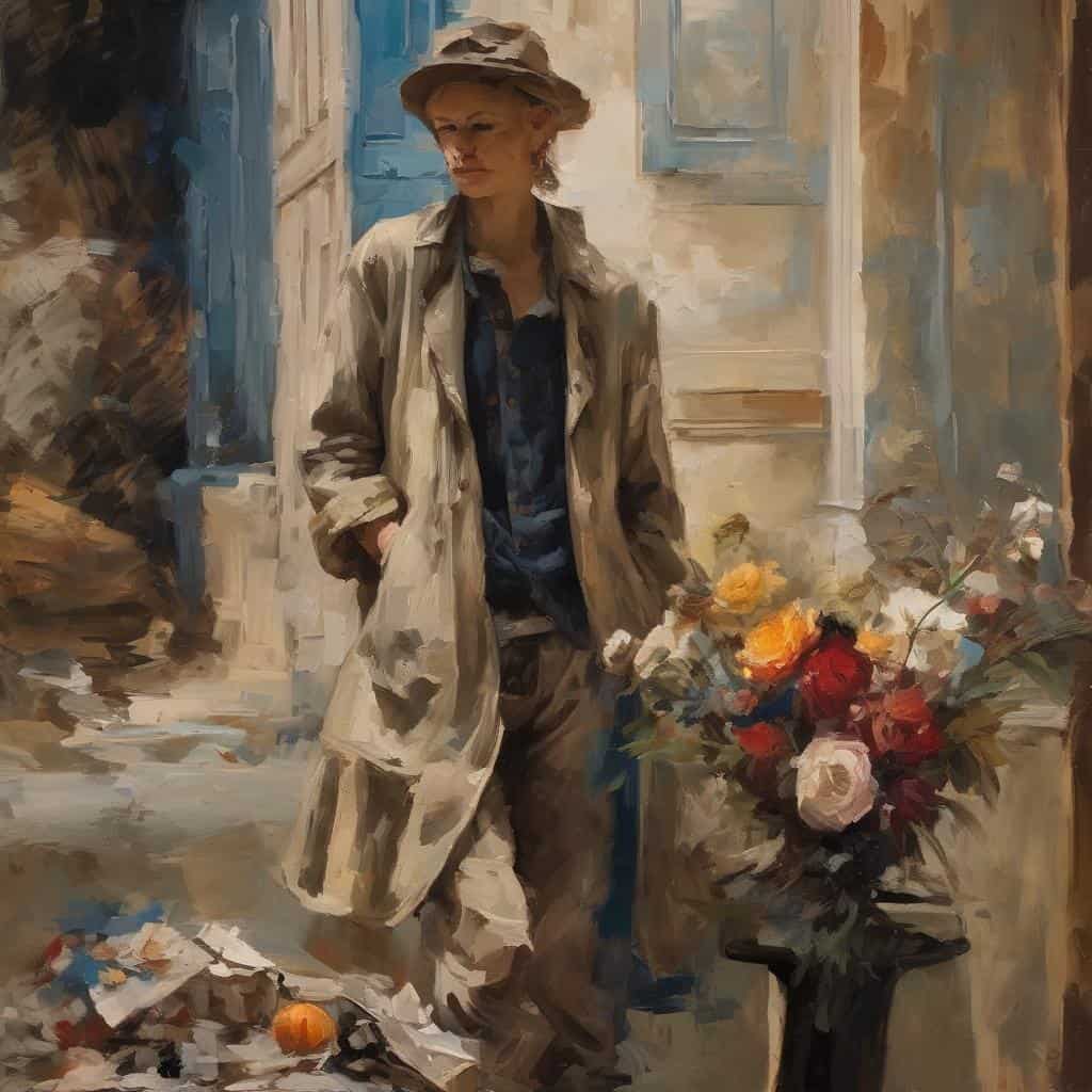 Μια γυναίκα περπατά σε αστικό περιβάλλον με λουλούδια, με καπέλο και παλτό, μέσα σε καμβά ζωγραφιάς.