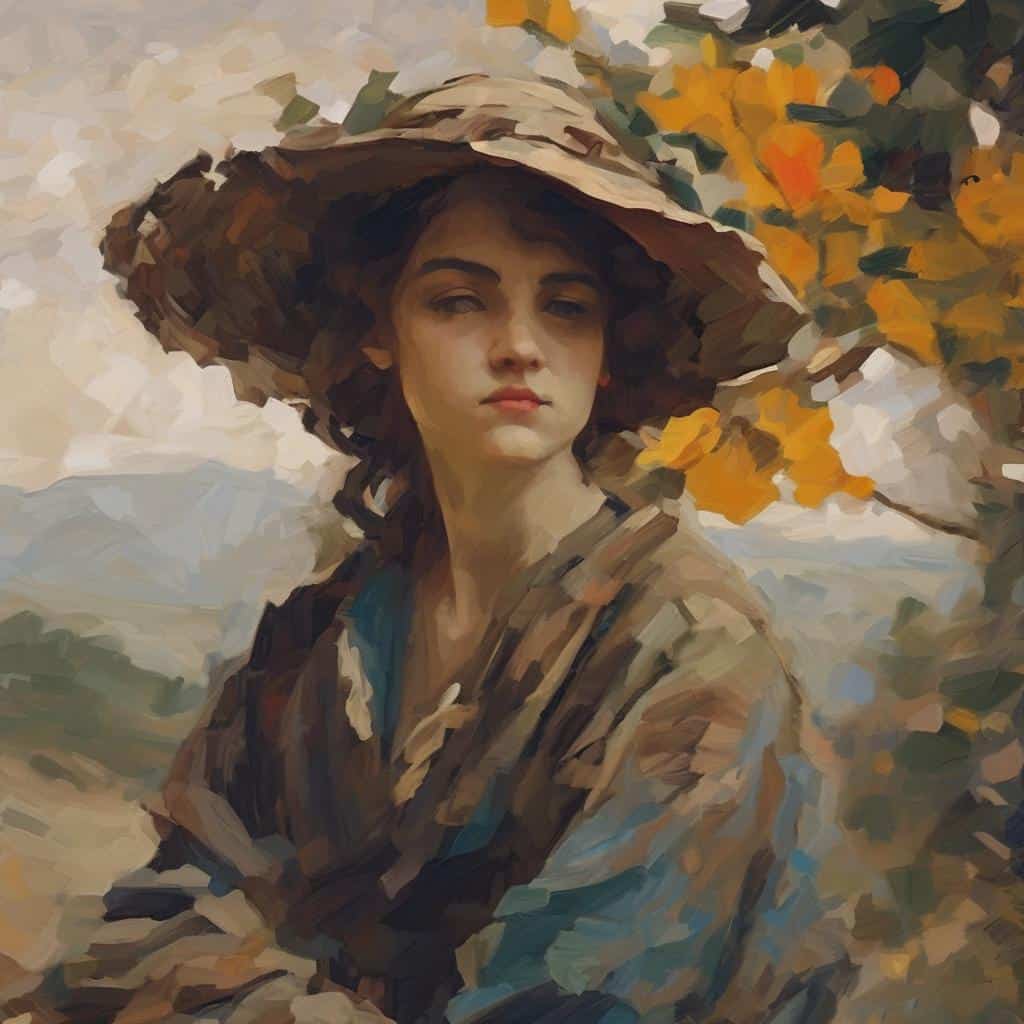 Γυναίκα με καπέλο σε φυσικό τοπίο, τέχνη και όνειρο, ρομαντικό σκίτσο.