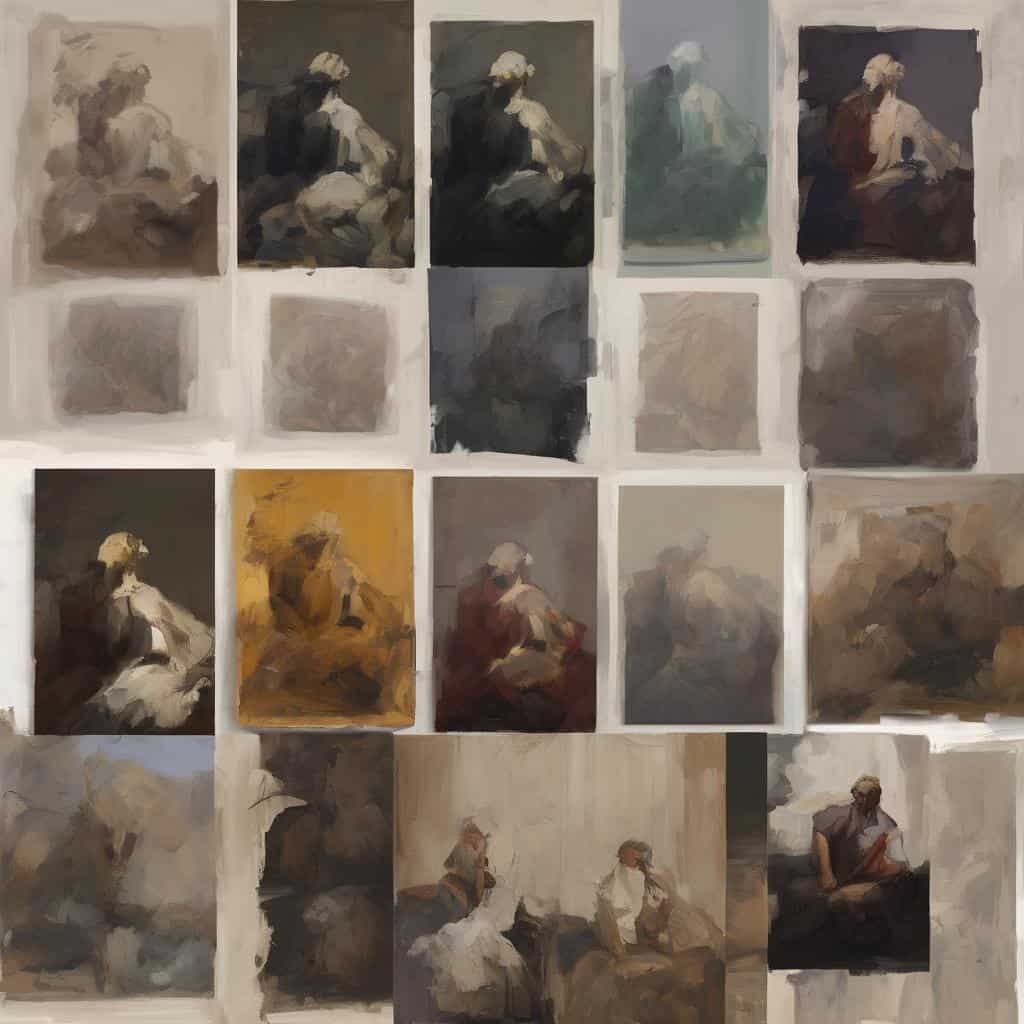 Πίνακας με σκετς και μελέτες ζωγραφικής σπουδαστών, εμπνευσμένο από την πραγματικότητα και το όνειρο, σε ουρανί, γήινες και σκούρες αποχρώσεις.