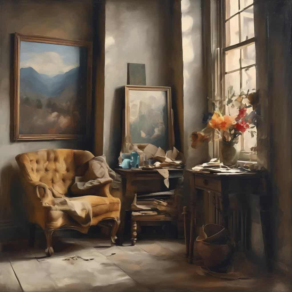 Ζωντανό δωμάτιο με καναπέ και διακοσμητικά, ανοιχτό παράθυρο σε παλιά κατοικία, κόσμος ονείρου και πραγματικότητας.